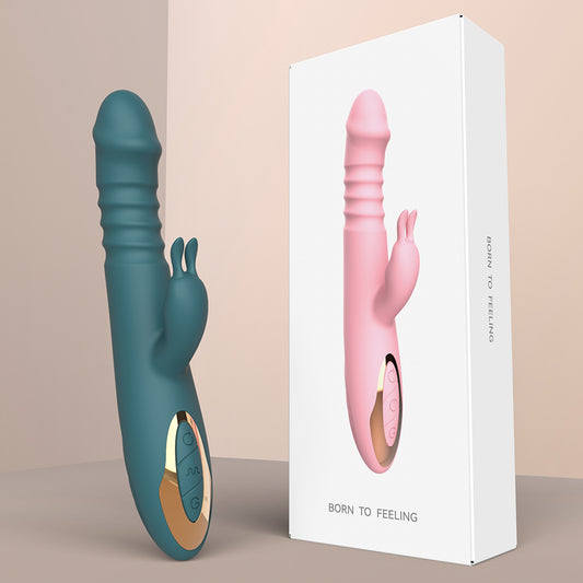 GIMMESEX Dildo Thrusting Vibrator in teal with ergonomic rabbit design and control buttons displayed next to product packaging