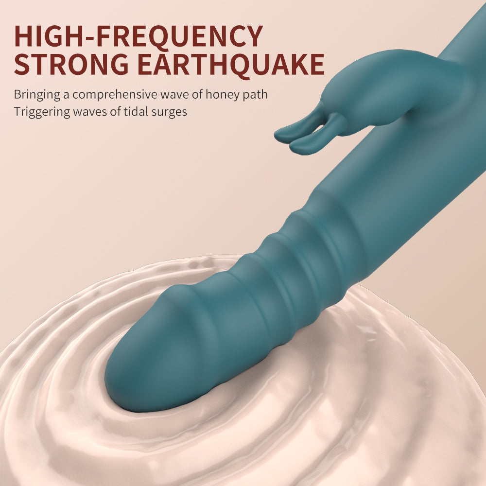 GIMMESEX dildo thrusting vibrator in teal with textured surface showing high-frequency strong earthquake waves
