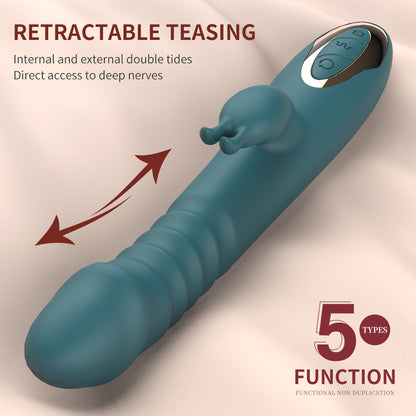 GIMMESEX Dildo Thrusting Vibrator with retractable teasing feature and 5 function controls in teal