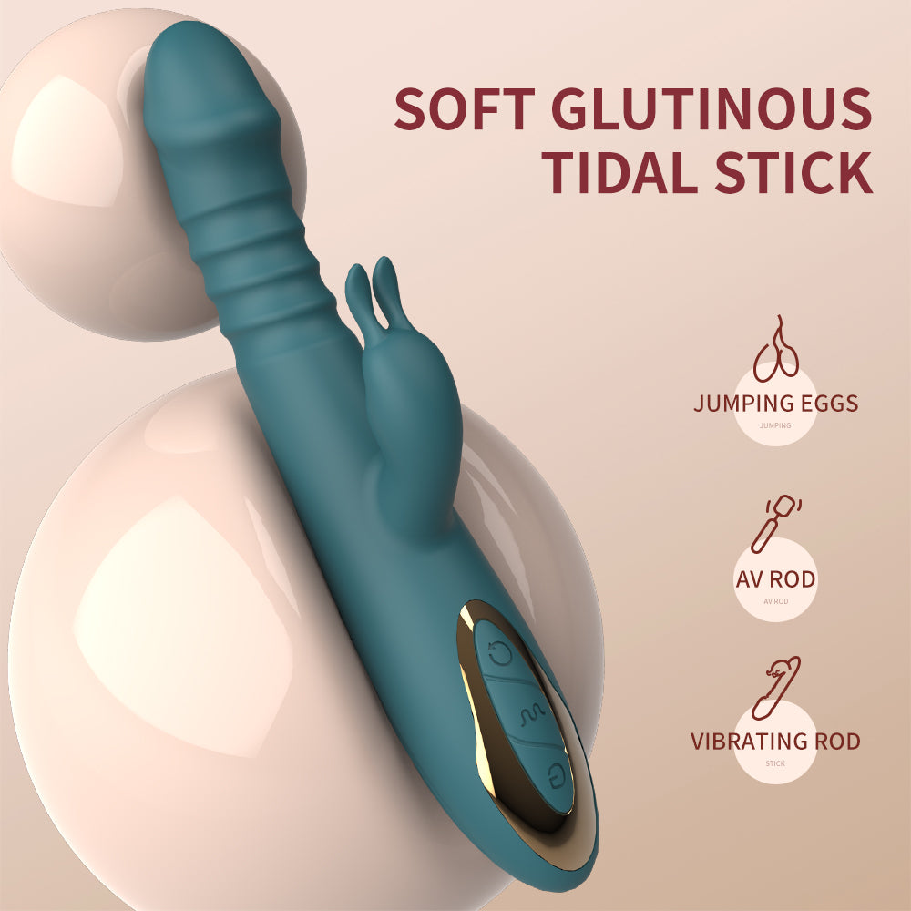 GIMMESEX dildo thrusting vibrator in teal with dual stimulation and easy control buttons