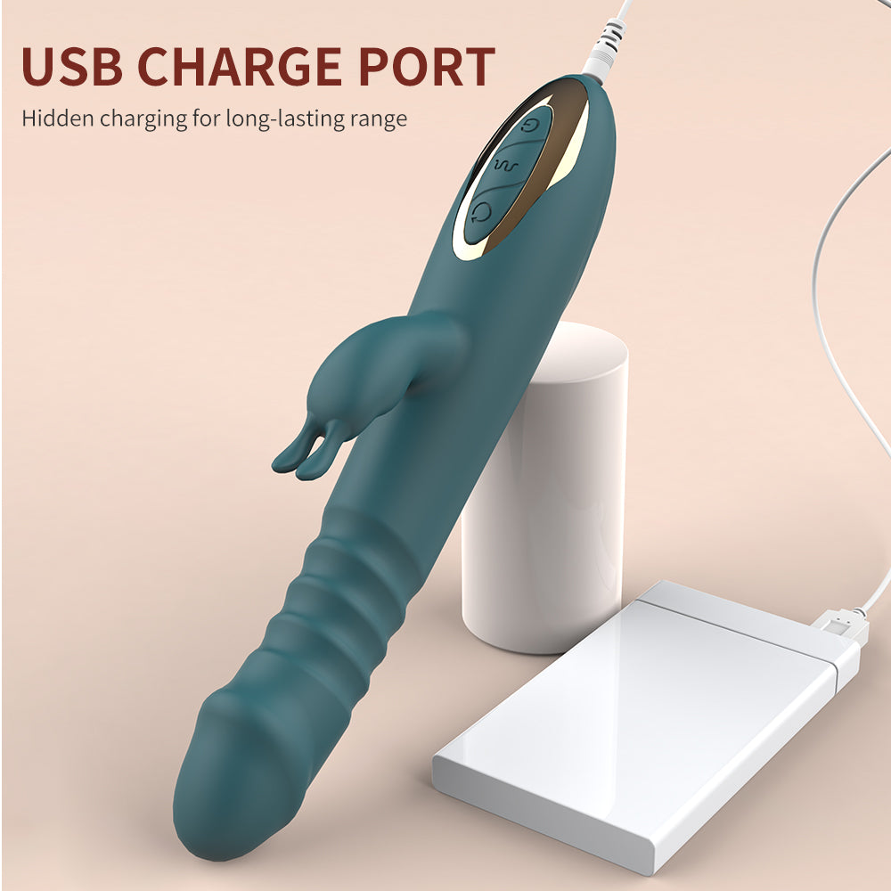GIMMESEX dildo thrusting vibrator in teal with USB charge port and control buttons