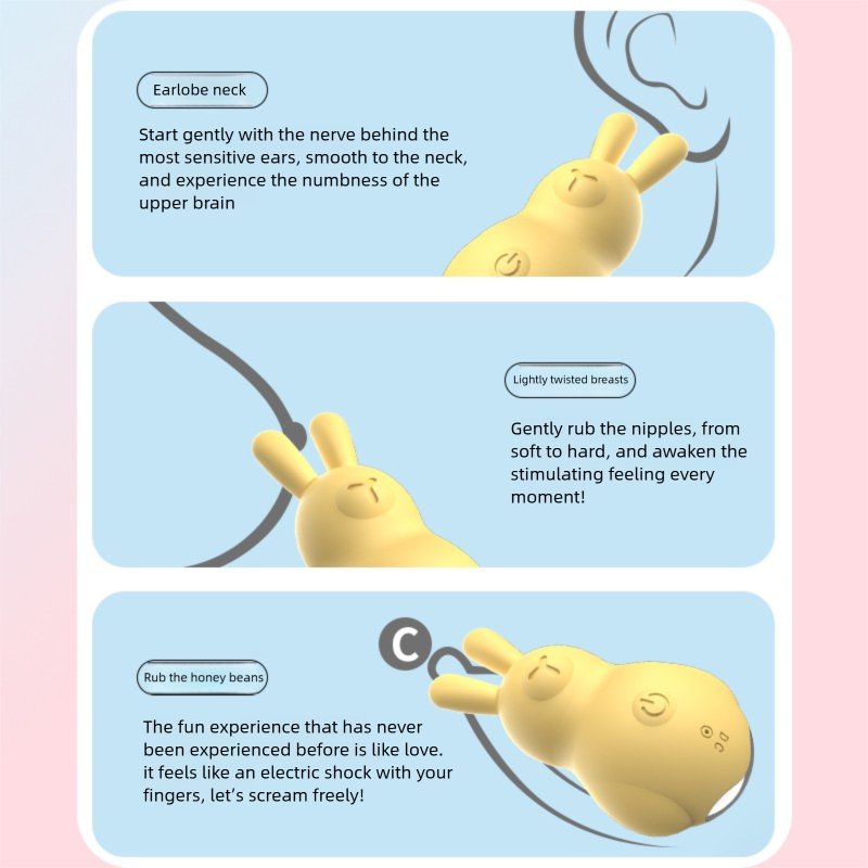 GIMMESEX Cutie Rabbit Clit Vibrator in yellow with instructions for use on earlobe, breasts, and intimate areas