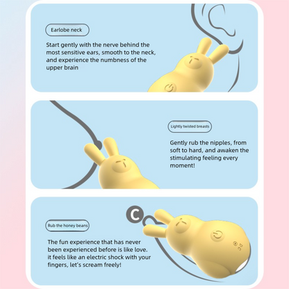 GIMMESEX Cutie Rabbit Clit Vibrator in yellow with instructions for use on earlobe, breasts, and intimate areas