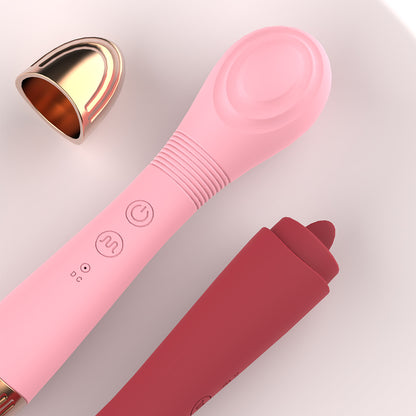 GIMMESEX Double-headed Tongue Vibrator in pink and red with control buttons and rose gold cap