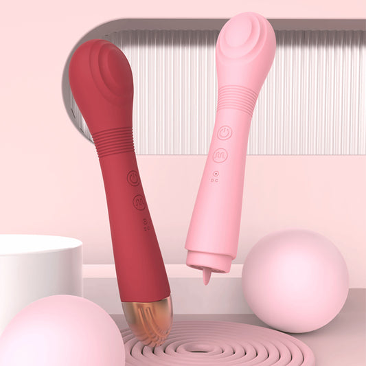 GIMMESEX Double-headed Tongue Vibrator in red and pink with ergonomic design and control buttons
