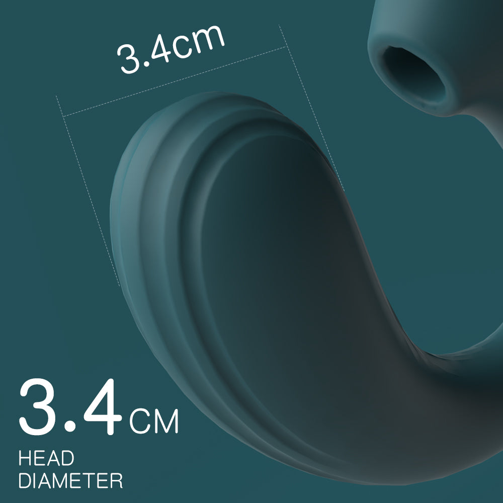 Close-up of GIMMESEX G spot vibrator showing 3.4 cm head diameter in dark teal color