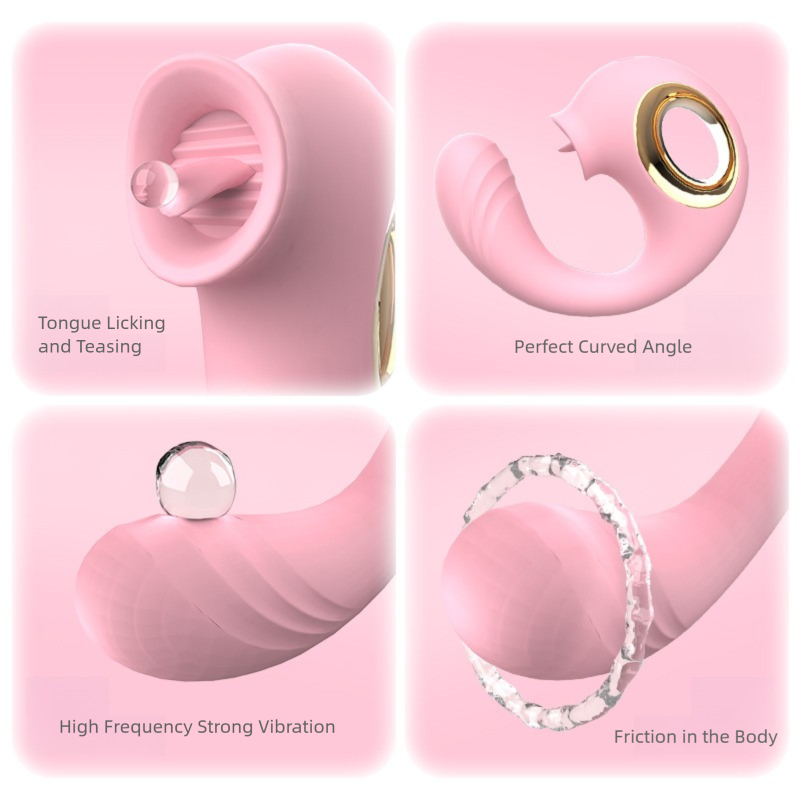 GIMMESEX pink G spot vibrator with tongue licking, curved angle, strong vibration, and body friction features