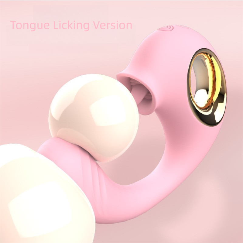 GIMMESEX pink G spot vibrator with tongue licking design and gold accent handle