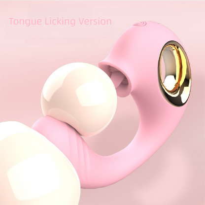GIMMESEX pink G spot vibrator with tongue licking design and gold accent handle
